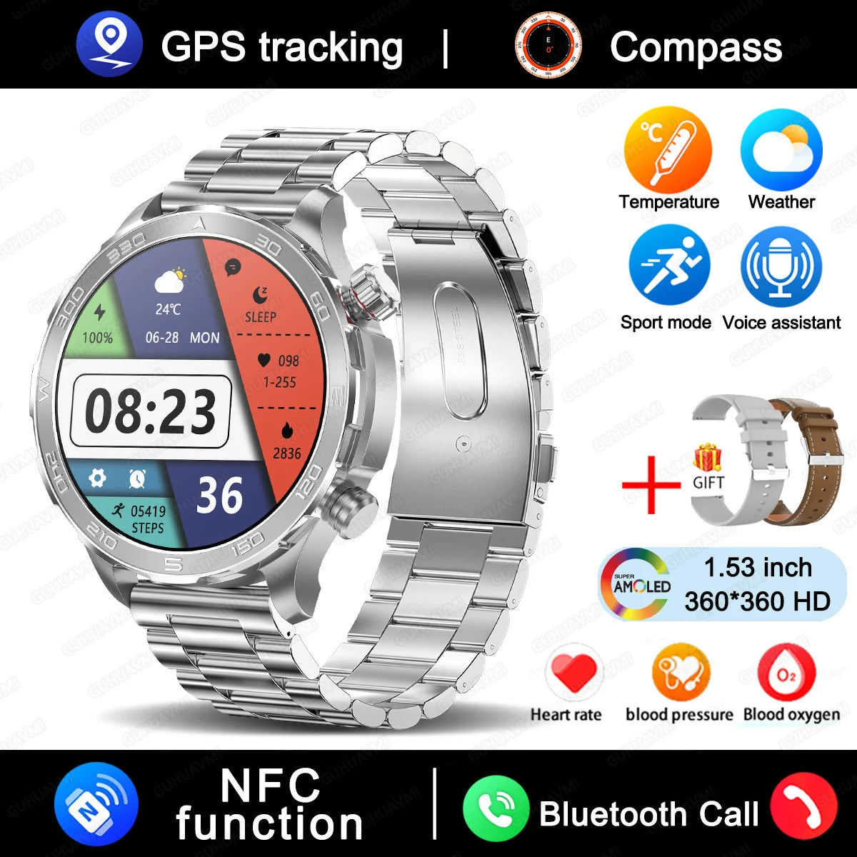 Smart Watch Men 1.53 AMOLED Screen Heart Rate Monitor NFC Bluetooth Call IP68 Waterproof Smartwatch