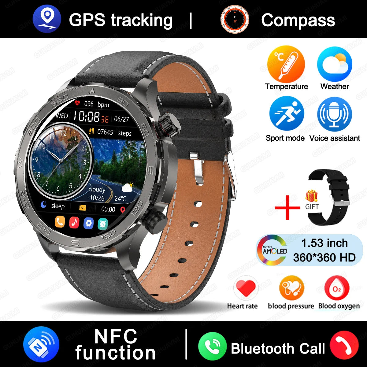 Smart Watch Men 1.53 AMOLED Screen Heart Rate Monitor NFC Bluetooth Call IP68 Waterproof Smartwatch