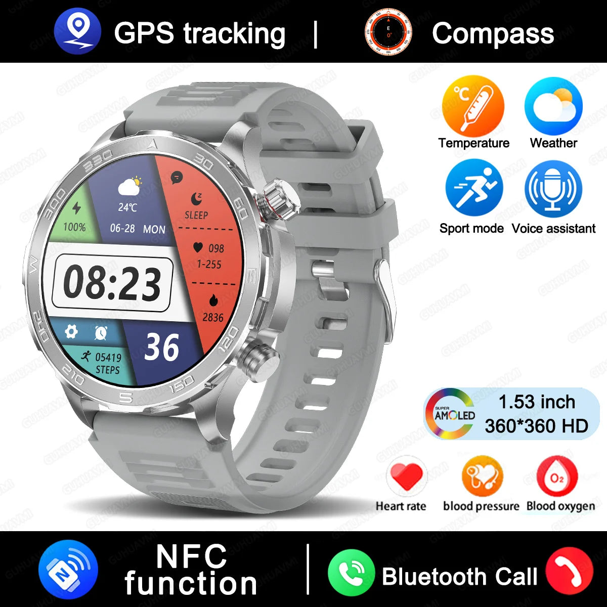 Smart Watch Men 1.53 AMOLED Screen Heart Rate Monitor NFC Bluetooth Call IP68 Waterproof Smartwatch