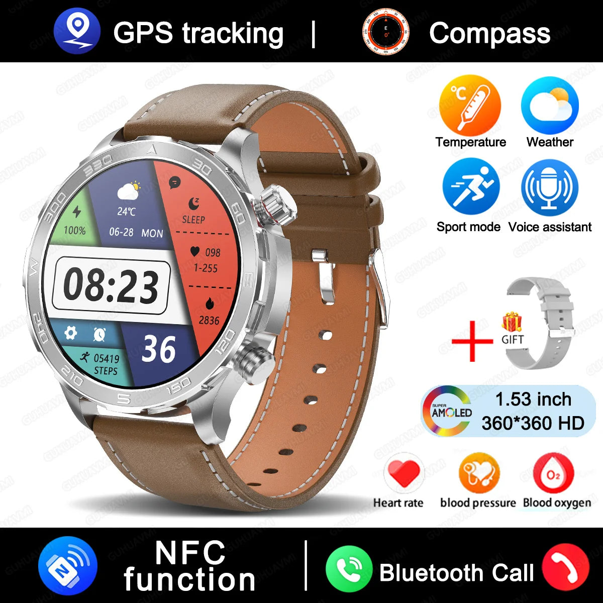 Smart Watch Men 1.53 AMOLED Screen Heart Rate Monitor NFC Bluetooth Call IP68 Waterproof Smartwatch