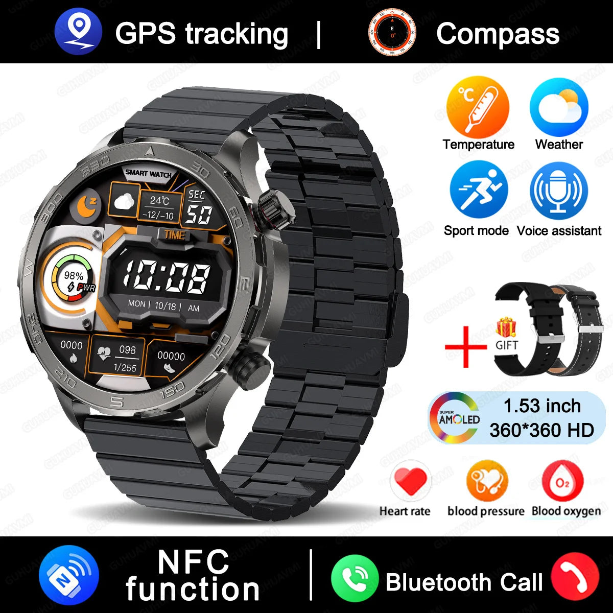 Smart Watch Men 1.53 AMOLED Screen Heart Rate Monitor NFC Bluetooth Call IP68 Waterproof Smartwatch