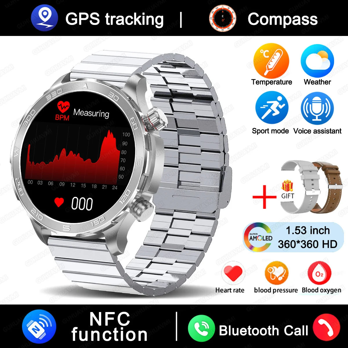 Smart Watch Men 1.53 AMOLED Screen Heart Rate Monitor NFC Bluetooth Call IP68 Waterproof Smartwatch