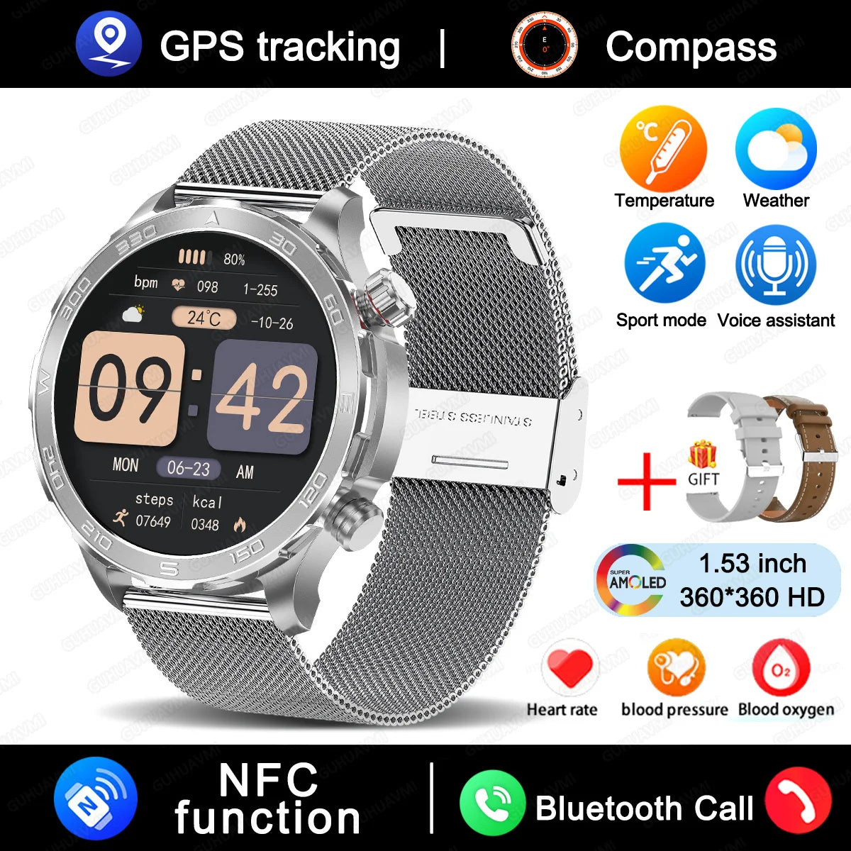 Smart Watch Men 1.53 AMOLED Screen Heart Rate Monitor NFC Bluetooth Call IP68 Waterproof Smartwatch