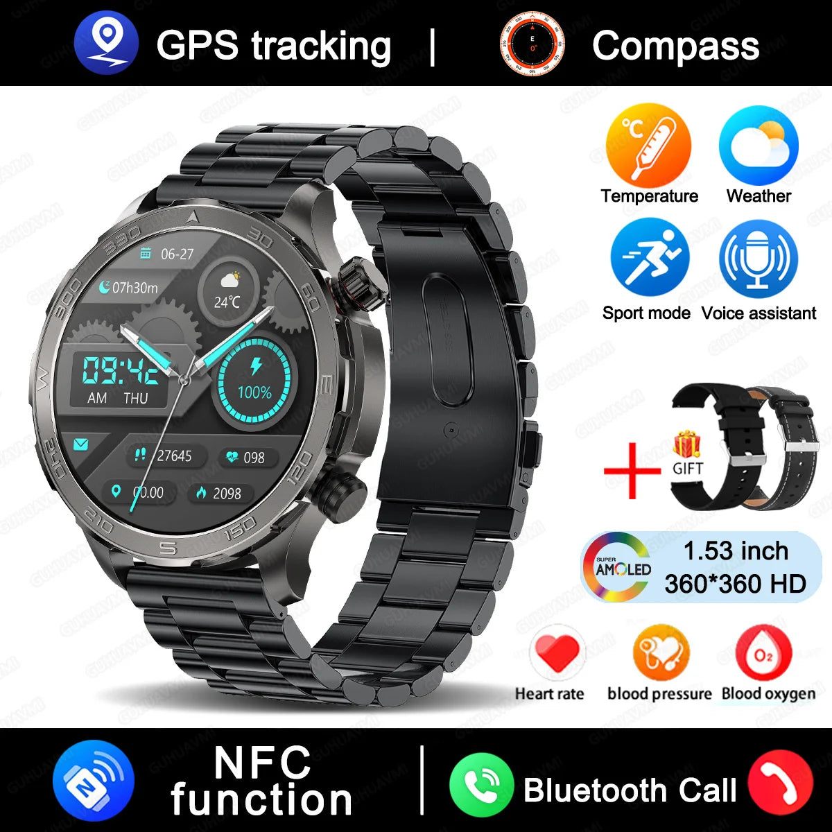 Smart Watch Men 1.53 AMOLED Screen Heart Rate Monitor NFC Bluetooth Call IP68 Waterproof Smartwatch