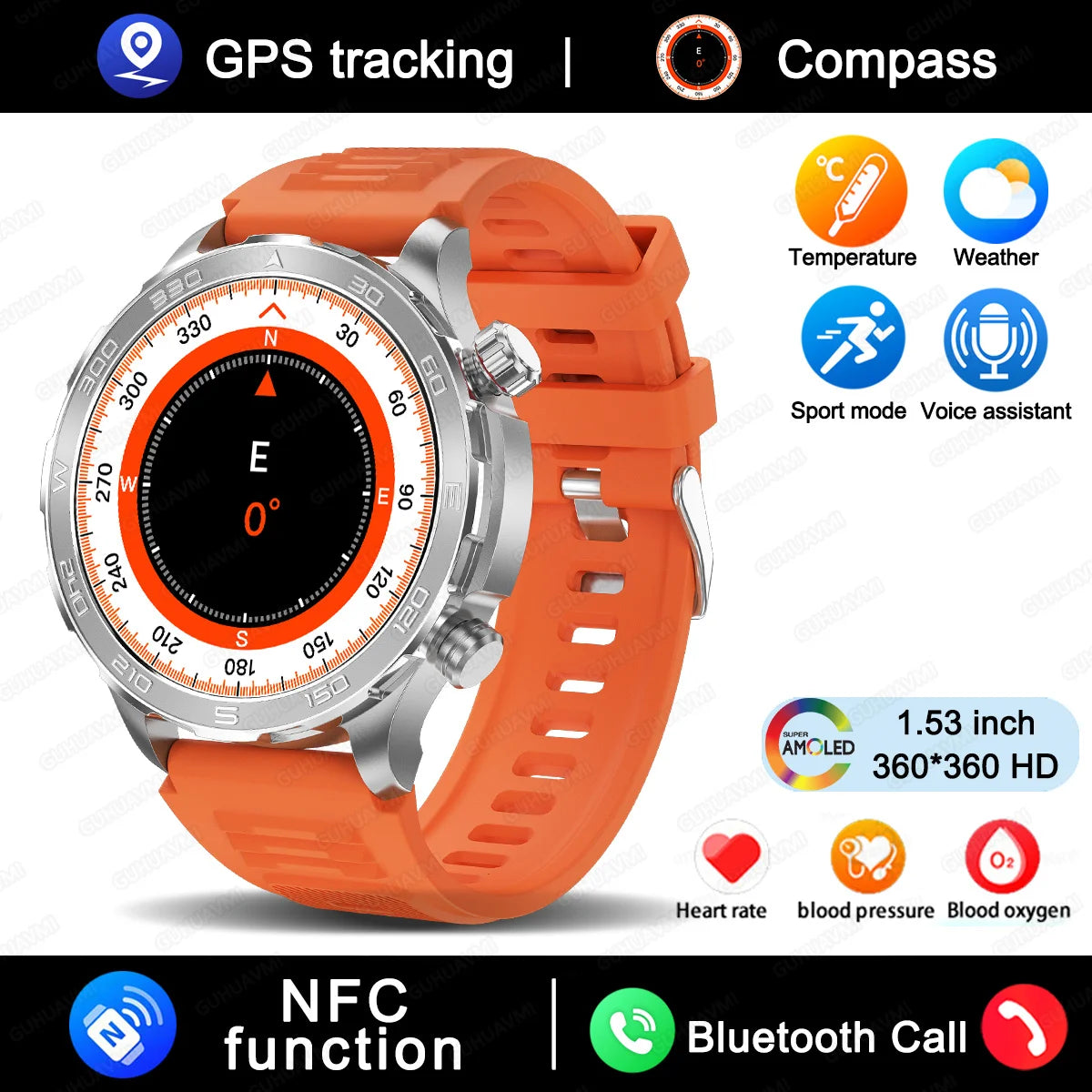 Smart Watch Men 1.53 AMOLED Screen Heart Rate Monitor NFC Bluetooth Call IP68 Waterproof Smartwatch