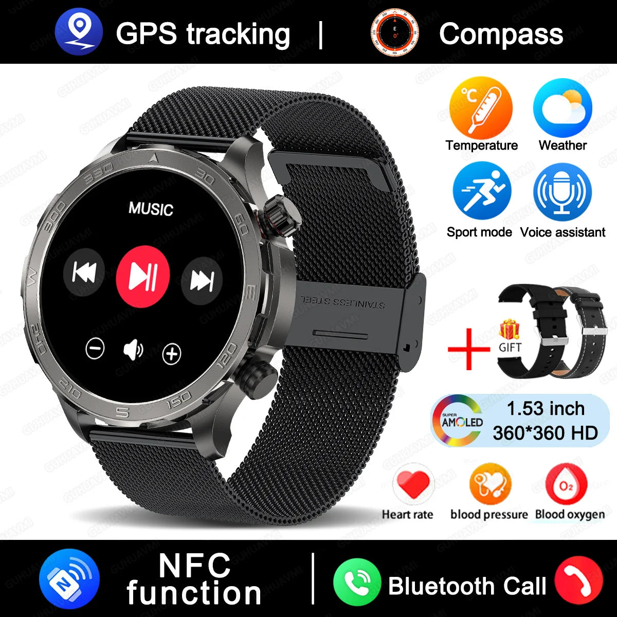 Smart Watch Men 1.53 AMOLED Screen Heart Rate Monitor NFC Bluetooth Call IP68 Waterproof Smartwatch