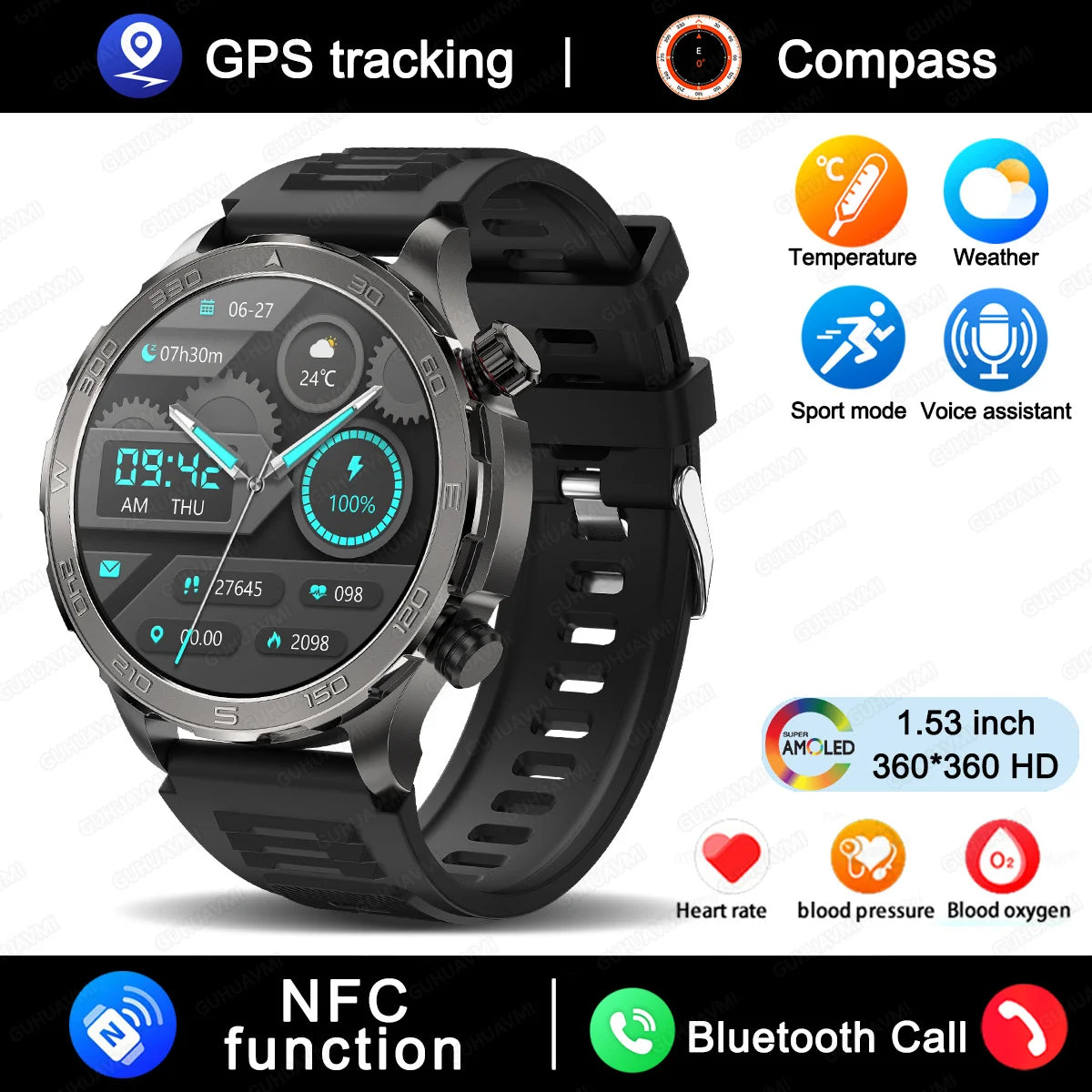 Smart Watch Men 1.53 AMOLED Screen Heart Rate Monitor NFC Bluetooth Call IP68 Waterproof Smartwatch